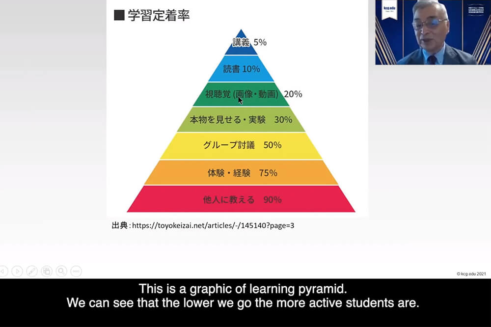 京都情報大学院大学（KCGI）の創立18周年記念式典で記念講演するKCGI副学長，高等教育・学習革新センター長の土持ゲーリー法一教授（画面右上部）